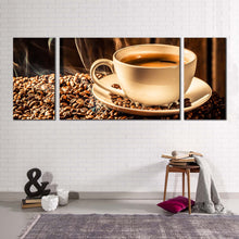 Load image into Gallery viewer, coffee  beans  canvas  wall  art  white  coffee  cup  3  piece  canvas  print  brown  coffee  background  multiple  canvas
