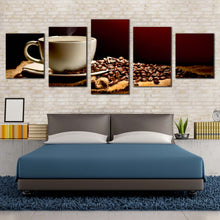 Load image into Gallery viewer, coffee beans canvas wall art white coffee mug canvas print brown coffee canvas photography 5 piece canvas coffee background multi canvas For Bedroom
