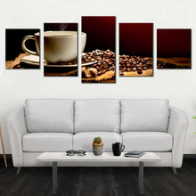 Load image into Gallery viewer, coffee beans canvas wall art white coffee mug canvas print brown coffee canvas photography 5 piece canvas coffee background multi canvas In Living room
