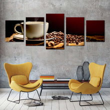 Load image into Gallery viewer, coffee beans canvas wall art white coffee mug canvas print brown coffee canvas photography 5 piece canvas coffee background multi canvas For Living room
