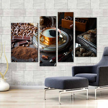 Load image into Gallery viewer, coffee breakfast canvas wall art brown coffee beans 4 piece canvas print morning black coffee multiple canvas in living room
