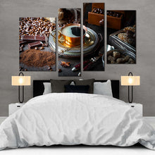 Load image into Gallery viewer, coffee breakfast canvas wall art brown coffee beans 4 piece canvas print morning black coffee multiple canvas for bedroom
