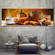 Load image into Gallery viewer, coffee  breakfast  canvas  wall  art  white  coffee  cup  panoramic  canvas  print  brown  coffee  beans  canvas  photography  wide  canvas In Living Room
