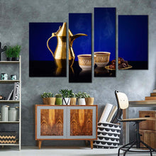 Load image into Gallery viewer, coffee culture canvas wall art blue background coffee cups 4 piece canvas print golden arabian coffee teapot digital canvas artwork for your living room 
