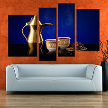 Load image into Gallery viewer, coffee culture canvas wall art blue background coffee cups 4 piece canvas print golden arabian coffee teapot digital canvas artwork
