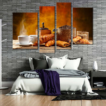 Load image into Gallery viewer, coffee cup canvas print brown coffee beans 4 piece canvas wall art white coffee cup breakfast multi canvas in bedroom
