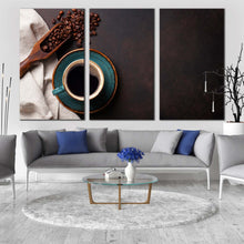 Load image into Gallery viewer, coffee cup canvas wall art black coffee mug from above canvas print brown coffee beans canvas photography 3 piece canvas set In Living Room
