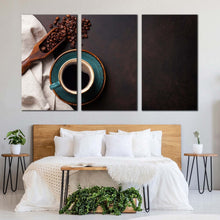 Load image into Gallery viewer, coffee cup canvas wall art black coffee mug from above canvas print brown coffee beans canvas photography 3 piece canvas set For Bedroom
