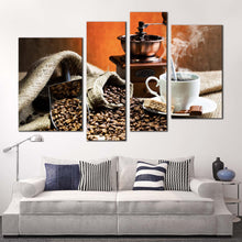 Load image into Gallery viewer, coffee cup canvas wall art brown coffee beans canvas set white coffee cup 4 piece canvas print for your bedroom
