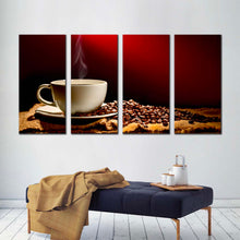 Load image into Gallery viewer, coffee cup canvas wall art brown coffee beans multiple canvas white coffee mug smoke 4 piece canvas print For Living Room
