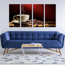 Load image into Gallery viewer, coffee cup canvas wall art brown coffee beans multiple canvas white coffee mug smoke 4 piece canvas print In Living Room
