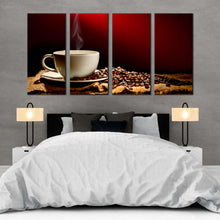 Load image into Gallery viewer, coffee cup canvas wall art brown coffee beans multiple canvas white coffee mug smoke 4 piece canvas print For Bedroom
