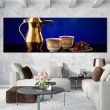 Load image into Gallery viewer, coffee  cups  canvas  wall  art  blue  background  coffee  scene  canvas  artwork  arabian  coffee  golden  teapot  1  piece  canvas  print In Living Room
