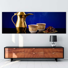 Load image into Gallery viewer, coffee  cups  canvas  wall  art  blue  background  coffee  scene  canvas  artwork  arabian  coffee  golden  teapot  1  piece  canvas  print For Living Room
