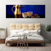 Load image into Gallery viewer, coffee  cups  canvas  wall  art  blue  background  coffee  scene  canvas  artwork  arabian  coffee  golden  teapot  1  piece  canvas  print For Bedroom
