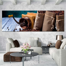 Load image into Gallery viewer, coffee  grinder  canvas  print  brown  coffee  beans  panoramic  canvas  wall  art  coffee  white  wood  canvas  artwork In Living Room
