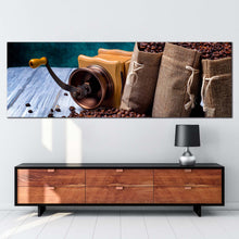 Load image into Gallery viewer, coffee  grinder  canvas  print  brown  coffee  beans  panoramic  canvas  wall  art  coffee  white  wood  canvas  artwork For Living Room
