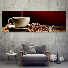 Load image into Gallery viewer, coffee  mug  canvas  print  coffee  smoke  canvas  artwork  brown  coffee  beans  1  piece  canvas  white  coffee  cup  wide  canvas In Living Room
