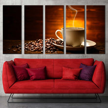 Load image into Gallery viewer, coffee mug canvas print coffee smoke canvas set brown coffee beans 5 piece canvas white coffee cup canvas print For Living room
