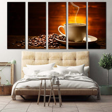 Load image into Gallery viewer, coffee mug canvas print coffee smoke canvas set brown coffee beans 5 piece canvas white coffee cup canvas print In Bedroom
