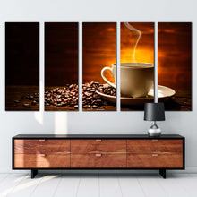 Load image into Gallery viewer, coffee mug canvas print coffee smoke canvas set brown coffee beans 5 piece canvas white coffee cup canvas print
