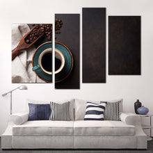 Load image into Gallery viewer, coffee mug canvas wall art black coffee canvas photography 4 piece canvas print brown coffee beans multi canvas
