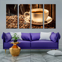 Load image into Gallery viewer, coffee mug canvas wall art brown coffee beans 4 piece canvas white coffee cup canvas print For Living room
