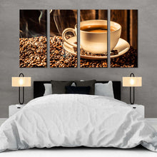 Load image into Gallery viewer, coffee mug canvas wall art brown coffee beans 4 piece canvas white coffee cup canvas print For Bedroom
