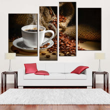 Load image into Gallery viewer, coffee mug canvas wall art brown coffee beans multiple canvas white coffee cup 4 piece canvas print in living room
