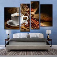 Load image into Gallery viewer, coffee mug canvas wall art brown coffee beans multiple canvas white coffee cup 4 piece canvas print for bedroom
