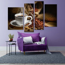 Load image into Gallery viewer, coffee mug canvas wall art brown coffee beans multiple canvas white coffee cup 4 piece canvas print
