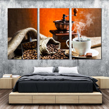 Load image into Gallery viewer, coffee sack canvas print brown coffee grinder triptych multiple canvas still life coffee 3 piece canvas wall art For Bedroom
