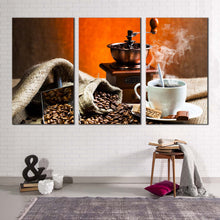 Load image into Gallery viewer, coffee sack canvas print brown coffee grinder triptych multiple canvas still life coffee 3 piece canvas wall art
