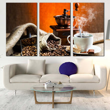 Load image into Gallery viewer, coffee sack canvas print brown coffee grinder triptych multiple canvas still life coffee 3 piece canvas wall art In Living Room
