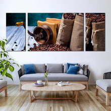 Load image into Gallery viewer, coffee  sack  canvas  wall  art  coffee  white  wood  canvas  photography  3  piece  canvas  print  brown  coffee  seeds  multi  canvas  artwork In Living Room
