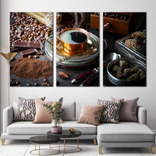 Load image into Gallery viewer, coffee scene canvas print morning black coffee 3 piece canvas set brown coffee beans canvas wall art In Living Room
