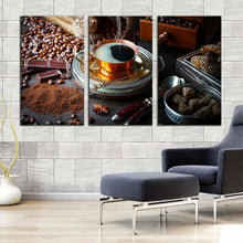 Load image into Gallery viewer, coffee scene canvas print morning black coffee 3 piece canvas set brown coffee beans canvas wall art For Living Room
