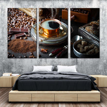 Load image into Gallery viewer, coffee scene canvas print morning black coffee 3 piece canvas set brown coffee beans canvas wall art For Bedroom
