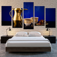 Load image into Gallery viewer, coffee scene canvas wall art golden arabian coffee teapot 5 piece canvas blue background coffee cups canvas print For Bedroom
