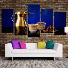 Load image into Gallery viewer, coffee scene canvas wall art golden arabian coffee teapot 5 piece canvas blue background coffee cups canvas print In Living Room
