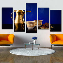 Load image into Gallery viewer, coffee scene canvas wall art golden arabian coffee teapot 5 piece canvas blue background coffee cups canvas print For Living Room
