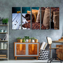 Load image into Gallery viewer, coffee seeds canvas wall art white wood coffee sack 5 piece canvas print brown coffee beans grinder multiple canvas
