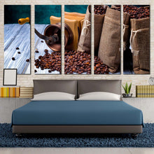 Load image into Gallery viewer, coffee seeds canvas wall art white wood coffee sack 5 piece canvas print brown coffee beans grinder multiple canvas In Bedroom
