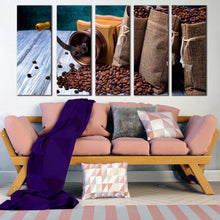 Load image into Gallery viewer, coffee seeds canvas wall art white wood coffee sack 5 piece canvas print brown coffee beans grinder multiple canvas For Living Room
