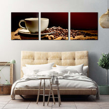 Load image into Gallery viewer, coffee  smoke  canvas  wall  art  white  coffee  cup  3  piece  canvas  print  brown  coffee  beans  triptych  canvas  set For Bedroom
