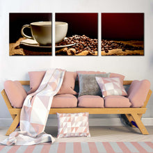 Load image into Gallery viewer, coffee  smoke  canvas  wall  art  white  coffee  cup  3  piece  canvas  print  brown  coffee  beans  triptych  canvas  set In Living Room
