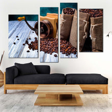 Load image into Gallery viewer, coffee wood canvas wall art brown coffee seeds 4 piece canvas set white wood coffee beans canvas print for living room
