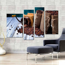 Load image into Gallery viewer, coffee wood canvas wall art brown coffee seeds 4 piece canvas set white wood coffee beans canvas print
