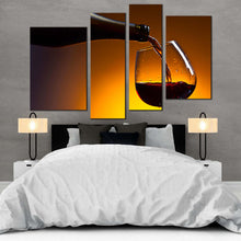 Load image into Gallery viewer, cognac poured canvas wall art red cognac glass 4 piece canvas set luxury black bottle cognac pouring canvas print for bedroom
