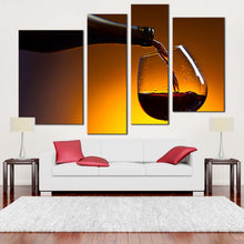 Load image into Gallery viewer, cognac poured canvas wall art red cognac glass 4 piece canvas set luxury black bottle cognac pouring canvas print for your living room
